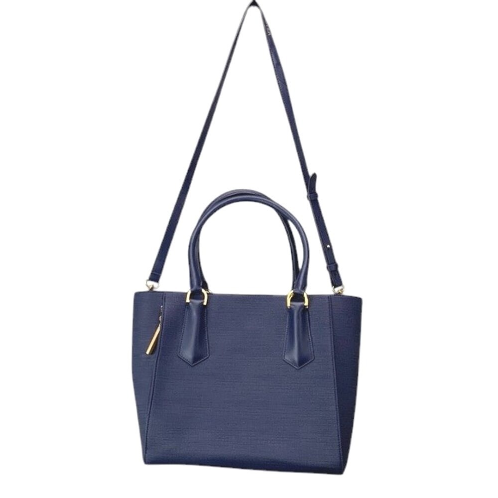 Dagne Dover Signature Tote Bag Womens M Navy Blue Coated Canvas Laptop Work